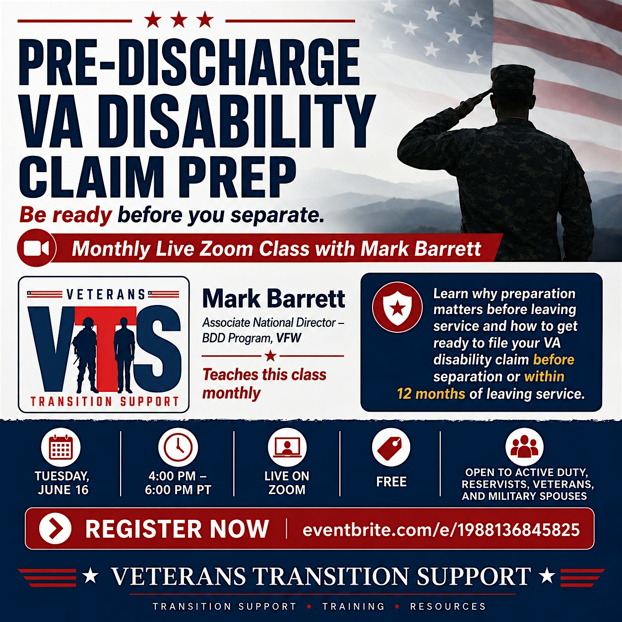Pre-Discharge VA Disability Claim Prep (Active Duty Zoom) – June 16 1 Veterans Transition Support event photo