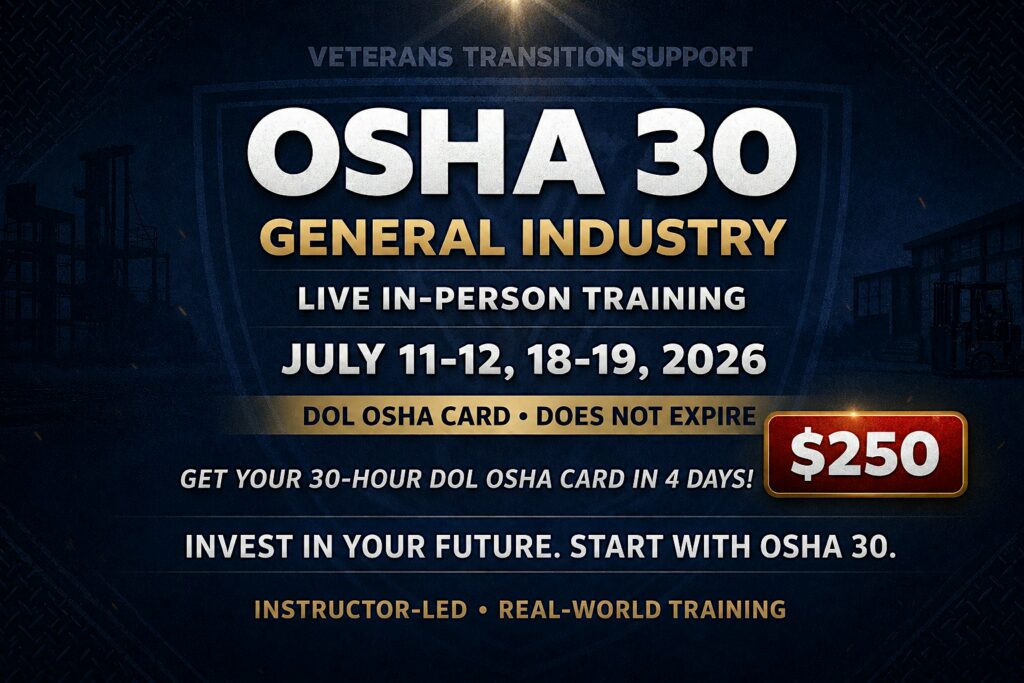OSHA 30 General Safety In Person | July 11-12 & 18-19, 2026 | $250 3 osha 30 general industry course